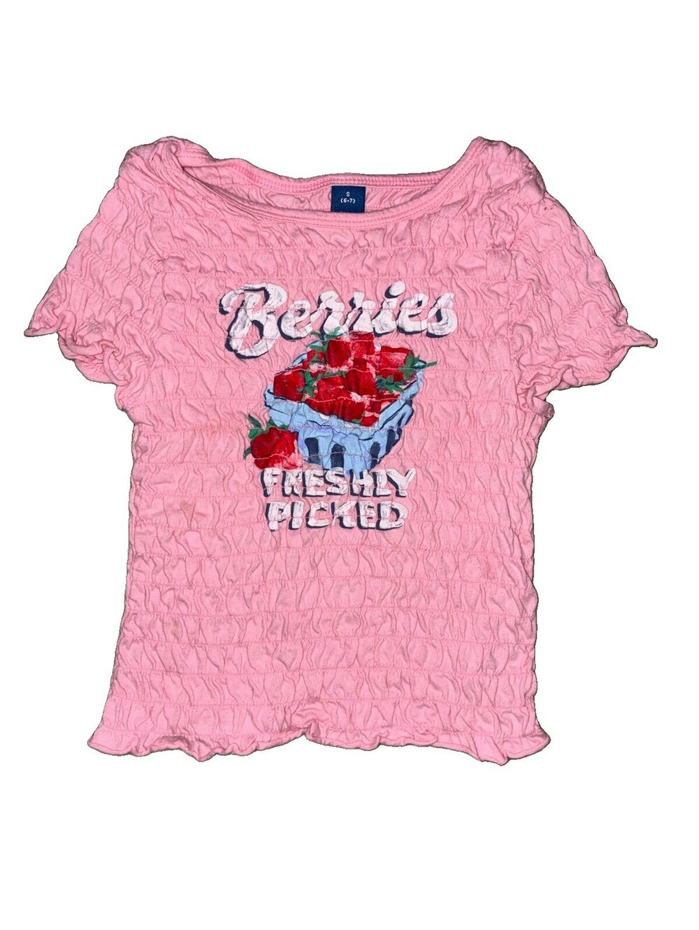 Old Navy Pink Short Sleeve Smocked Strawberry Graphic Girls Shirt Size S
